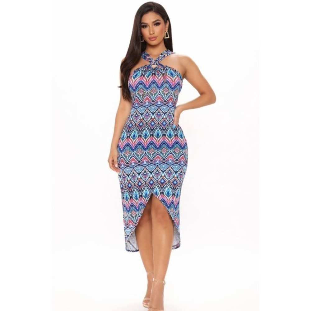 Tommy Bahama Halter Prima Peacock Midi Dress Blue Island‎ Size L NWT